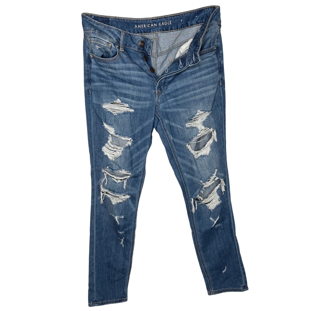 American Eagle‎ Distressed Skinny Jeans Blue Button Fly Shredded Denim Womens 6